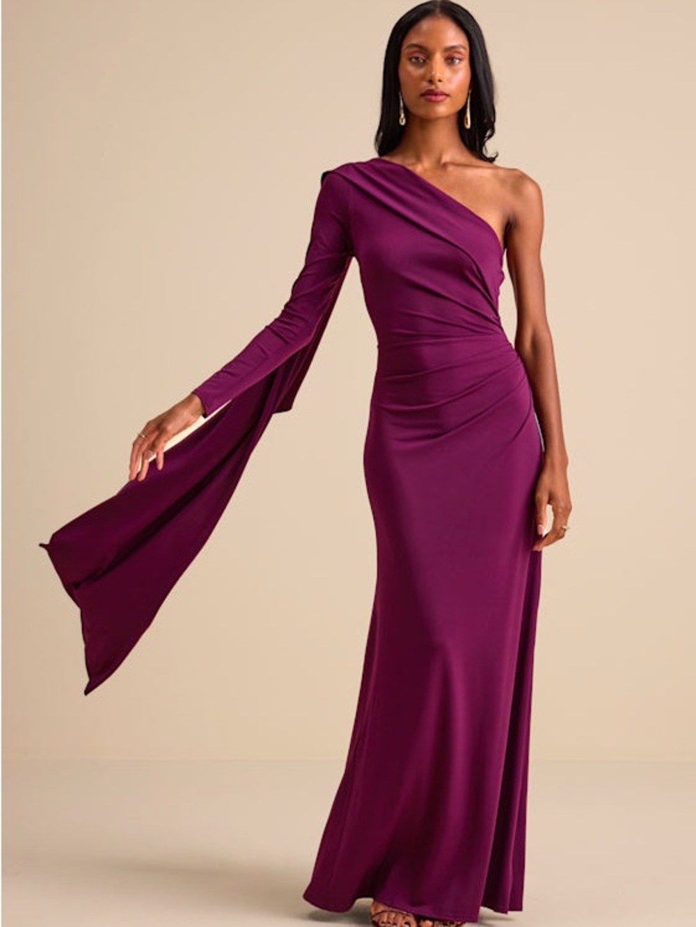 Lulu's One-Shoulder Plum Draped Evening Gown - Picture 1 of 4